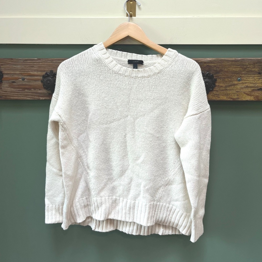 J.Crew Womens Medium Cream Ribbed Knit Relaxed Crewneck Pullover Sweater